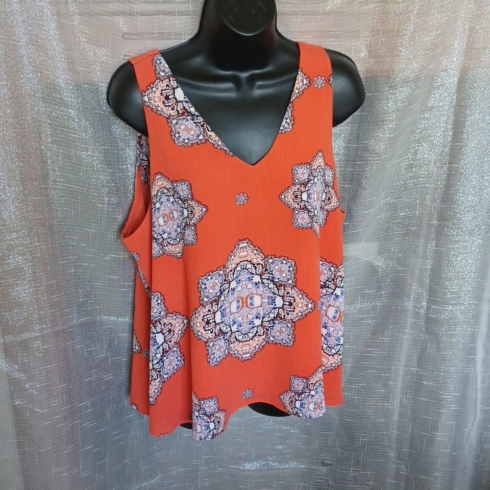 Everly Beautiful Floral V-neck cross back Tank Top, orange/brown/blue, 22"PTP